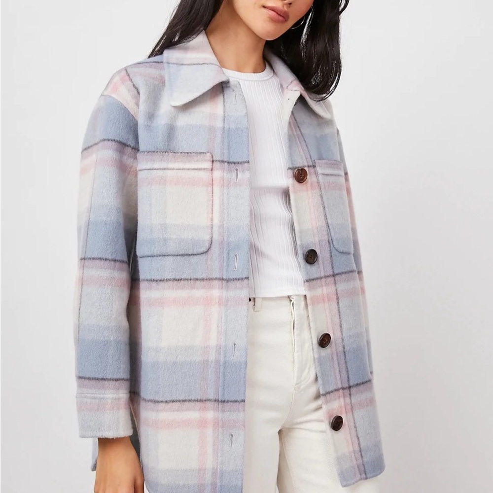 Oversized Rails Pastel Plaid Wool Blend Shirt Jacket Shacket Blue Pink Cream